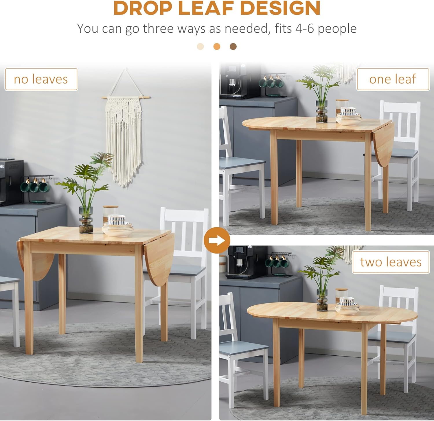 55" Solid Wood Kitchen Table, Drop Leaf Tables for Small Spaces, Folding Dining Table, Natural