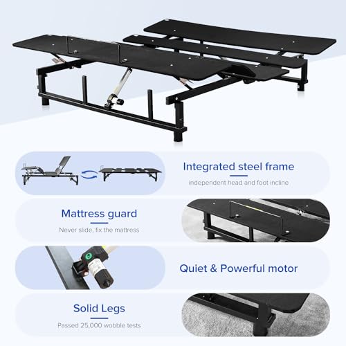 Electric Adjustable Bed Base Frame, Queen Size Bed Frame, Head & Foot Incline, Zero Gravity Lounge Bed, Quiet Motor, Wireless Remote, Black