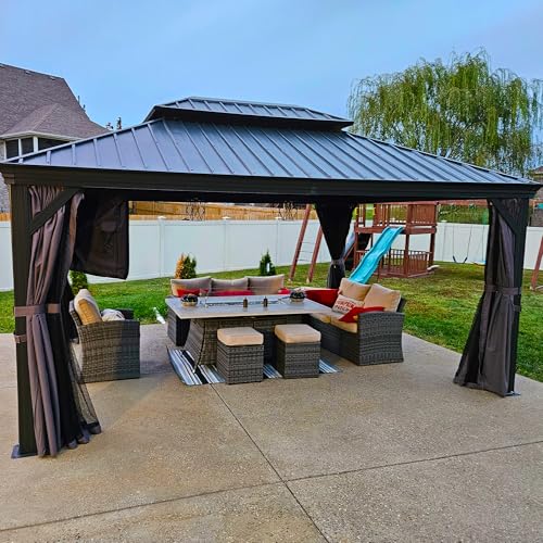 PURPLE LEAF 10' X 14' Permanent Hardtop Gazebo Aluminum Gazebo with Galvanized Steel Double Roof for Patio Lawn and Garden, Curtains and Netting Included, Grey