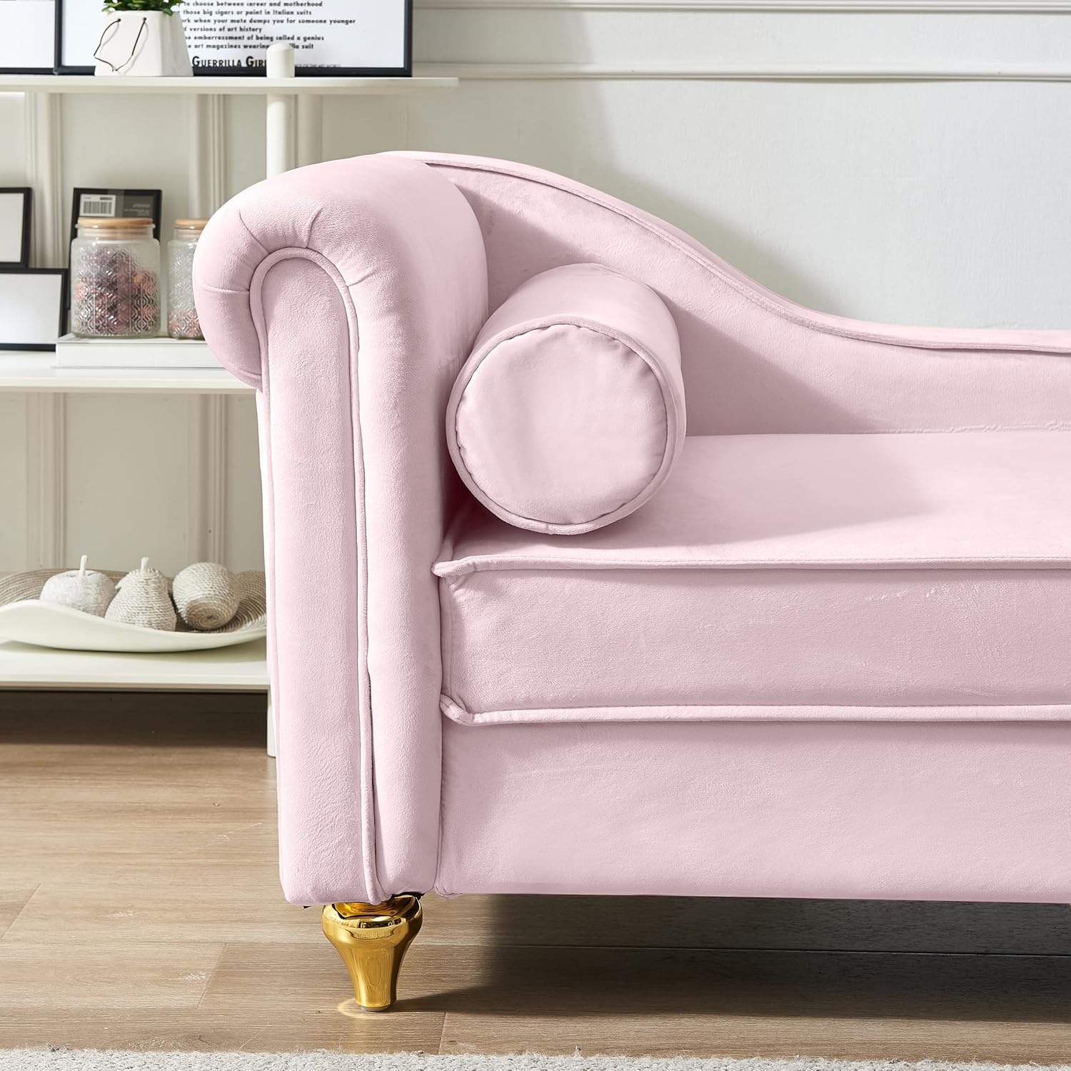 60.6" Modern Upholstery Chaise Lounge Chair with Storage, Velvet Corner Couch Daybed with Gold Metal Legs, Sleeper One-Arm Recliner Sofa Bed for Bedroom,Office,Living Room,Apartment,Pink