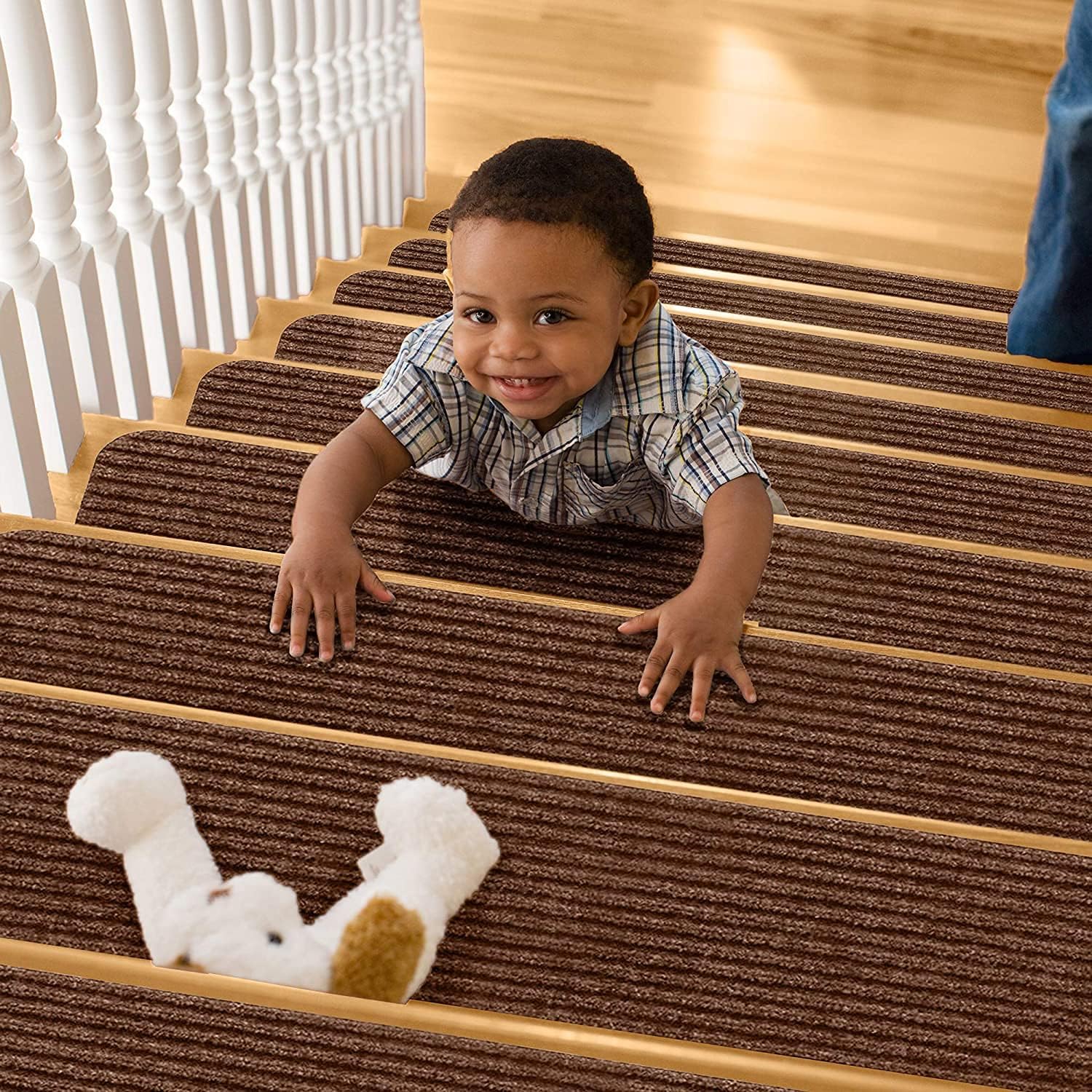 TreadSafe Carpet Stair Treads Non-Slip | 8"x30" Set of 15 | Non Slip Backing | Non Slip Stair Runner for Safety and Grip for Kids Elders and Dogs (Brown)