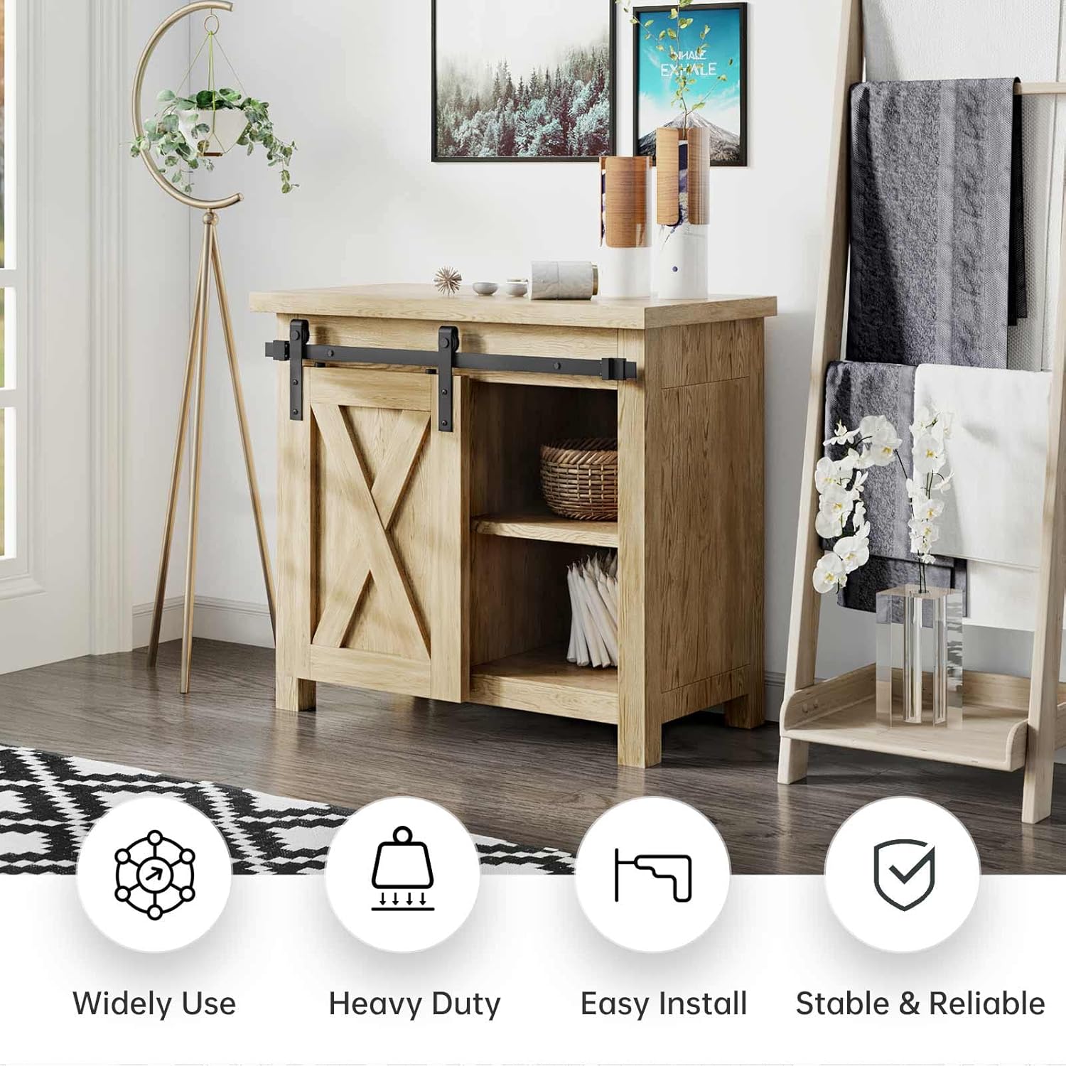 EaseLife 5 FT Cabinet Mini Sliding Double Barn Door Hardware Track Kit,Easy Install,Slide Smoothly Quietly,Apply for Storage Window TV Stand and Other Shielding (No Cabinet)