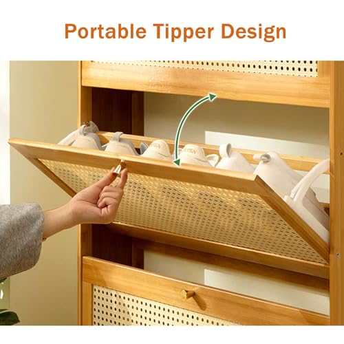 Shoe Storage Shoe Storage Rack 3 Layers Nature Bamboo Shoe Cabinets Hallway Slim Freestanding Shoe Cupboard Organiser with Rattan Pull Down Doors