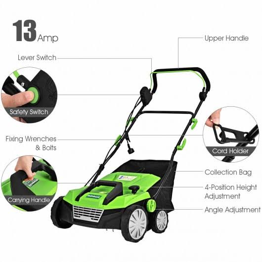 13 Amp Corded Scarifier 15x22 Electric Lawn Dethatcher with Dual Safety Switch-green