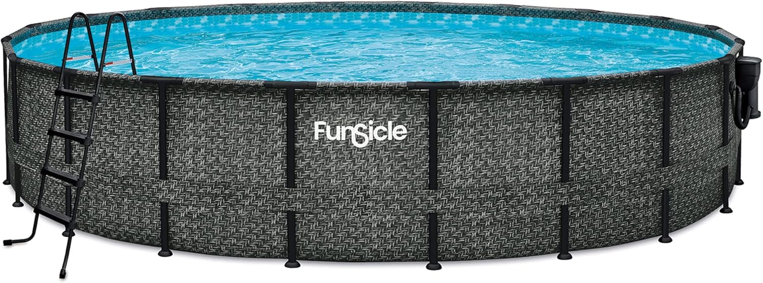 Funsicle 20' x 48" Oasis Round Frame Above Ground Swimming Pool Outdoor Backyard Summer Set with 20' Secure Debris Pool Cover, Dark Herringbone