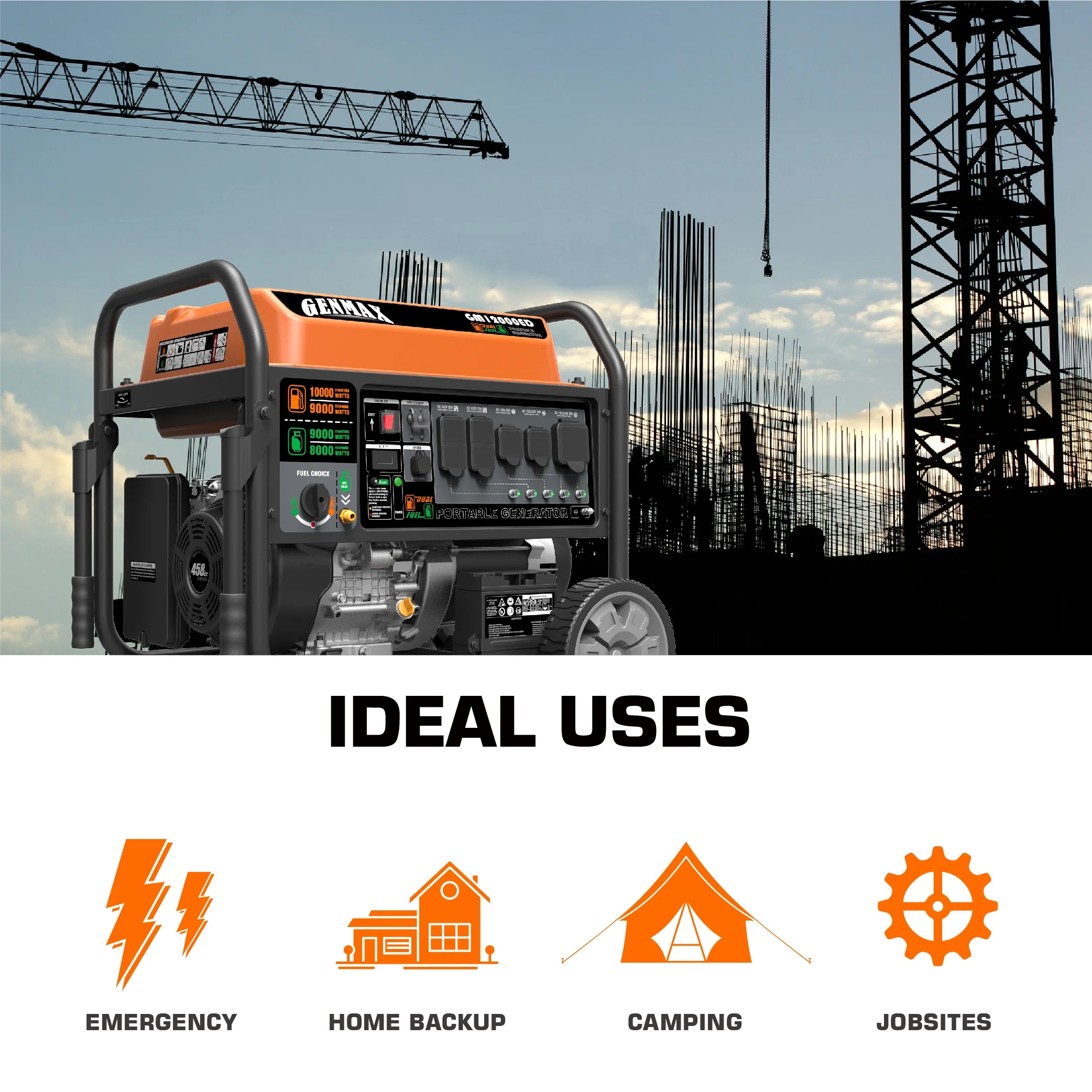 GENMAX Dual Fuel Portable Generator 12000 Watt Gas or Propane Powered Electric Start-CO Alert, Home Back Up, EPA Compliant