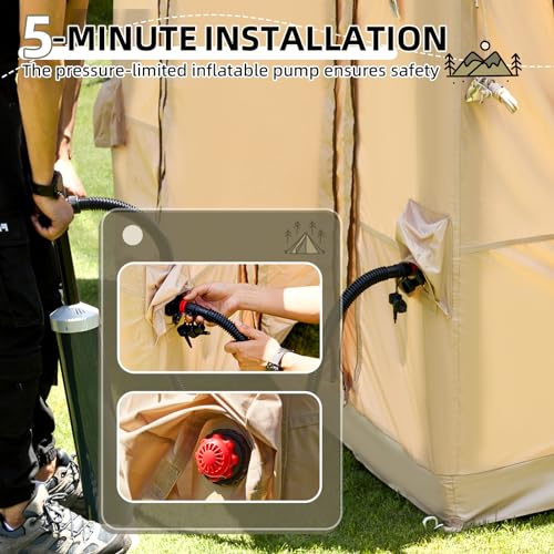 YOLENY Extra Large Inflatable Camping Tent, Glamping Tents Easy Setup 4 Season Windproof Outdoor Cotton Tent with Stove Jack & Mesh Windows & Pump