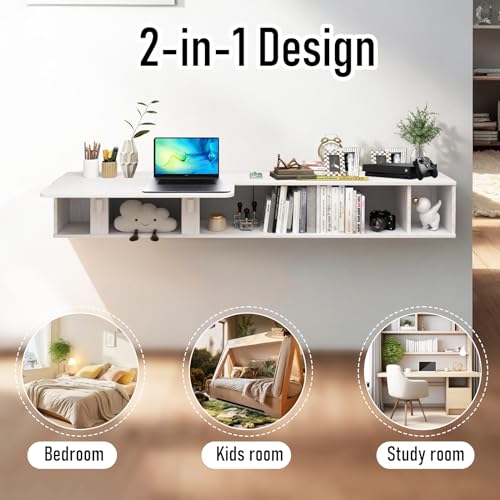 Pmnianhua 70'' Floating Desk with Storage Shelves,Wall Mounted Desk Laptop Computer Writing Study Table for Bedroom Small Space(Dark Grey)