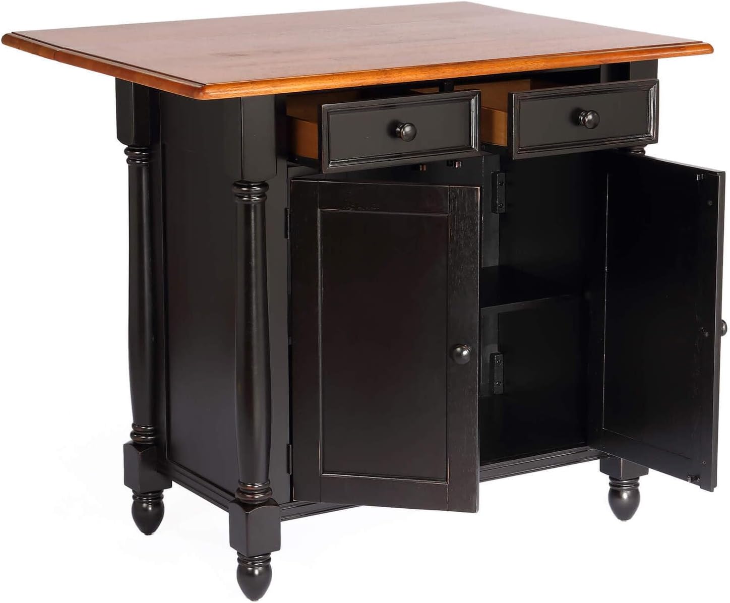Antique Black Expandable Kitchen Island with Cherry Drop Leaf Top, Drawers and Cabinet