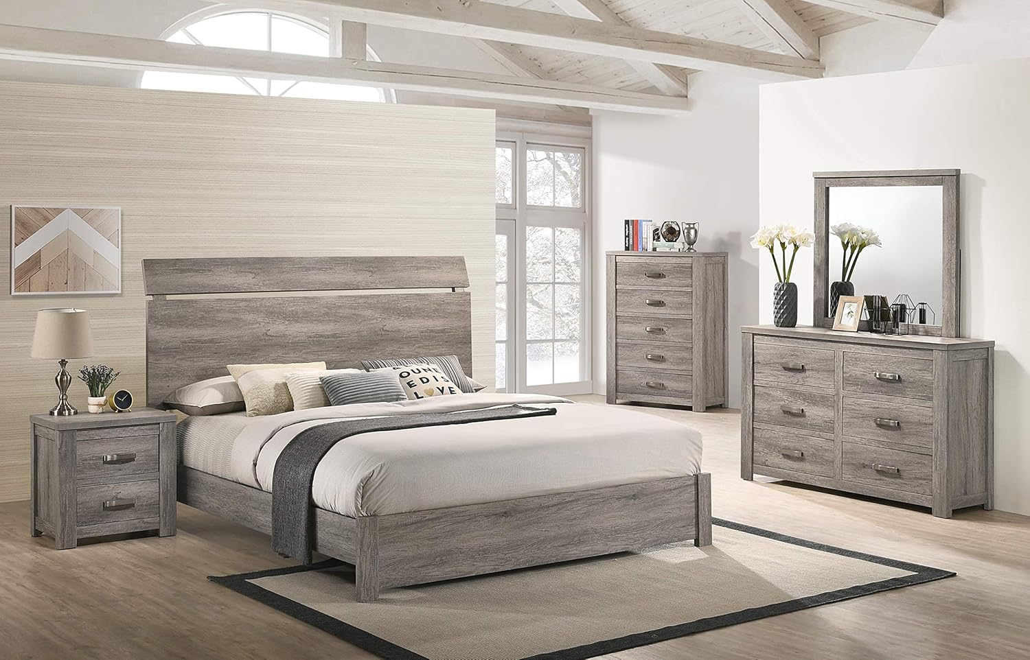 Roundhill Furniture Floren Contemporary Weathered Gray Wood Bedroom Set, Queen Panel Bed, Dresser, Mirror, Nightstand, Chest