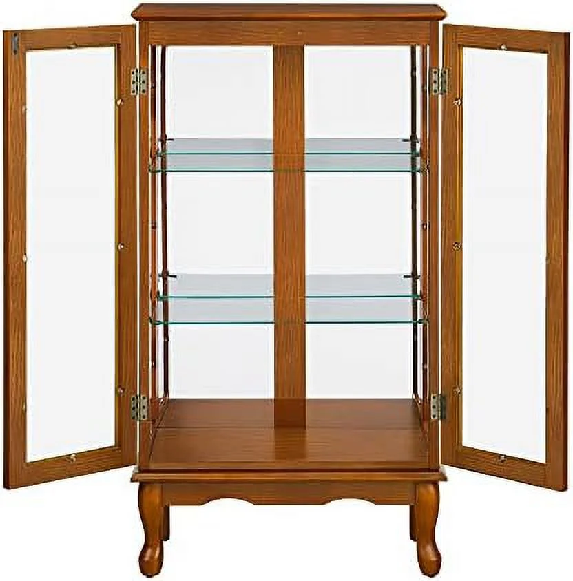 KHBIULIFE 3- Lighted Curio Glass Display Case with 2 Doors Wooden Shelving Unit Cabinet with Adjustable Shelves and Mirrored Back Panel for Living Room Office Bedroom (Oak - Bulbs not Inc