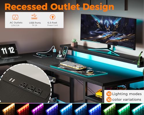 ODK L Shaped Gaming Desk with File Drawers, Reversible Computer Desk with Power Outlets & LED Lights, Home Office Desk with Storage Shelves, 61 Inch Bedroom Corner Desk with Monitor Stand, Grey