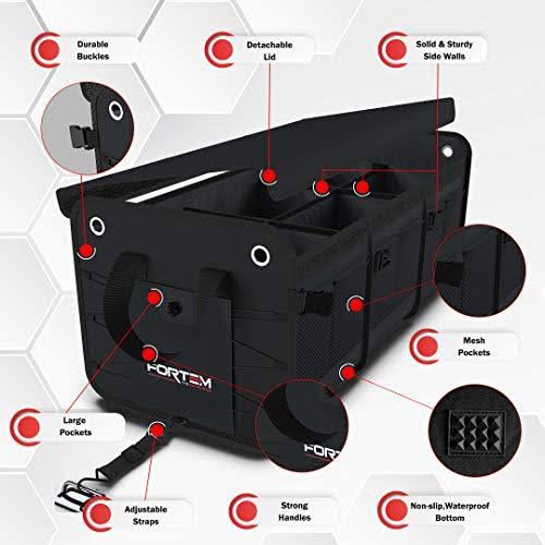 Fortem Car Trunk Organizer, Foldable COVER, Non-Slip Waterproof Bottom, Straps, Cargo Storage (3 Compartments, Black)