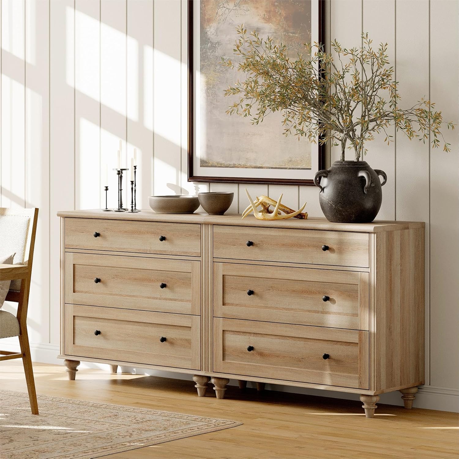 WAMPAT 4 Piece Dresser and Nightstand Sets - includes Two Farmhouse 3 Drawer Dressers for Bedroom, Set of 2 Side Tables Bedside Table with Charging Station, 4 Piece Bedroom Set, Oak