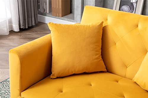 Modern Tufted Velvet Sofa 2 in 1 Chaise Lounge Chair Indoor with Adjustable Backrest and Two Pillows for Living Room Bedroom Office, Single Sofa Bed with Rose Golden Feet and Arms, Beige