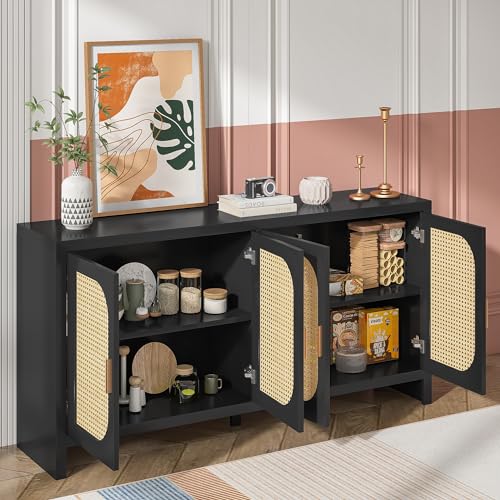 Sideboard Buffet Cabinet with 4 Rattan Doors,Accent Cabinet with Storage,Wood Modern Coffee Bar Cabinet Console Table,with Adjustable Shelves,Dining Room,Kitchen,Living Room,Entryway,Black