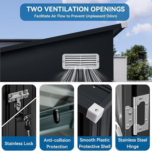 8'x4' Shed Galvanized Steel Storage Sheds with Triple Doors Weatherproof Outdoor Utility Sheds, Dual Lock Lean to Shed with Sloped Roof for Mower, Bike, Generator, Garden Tools (Black)