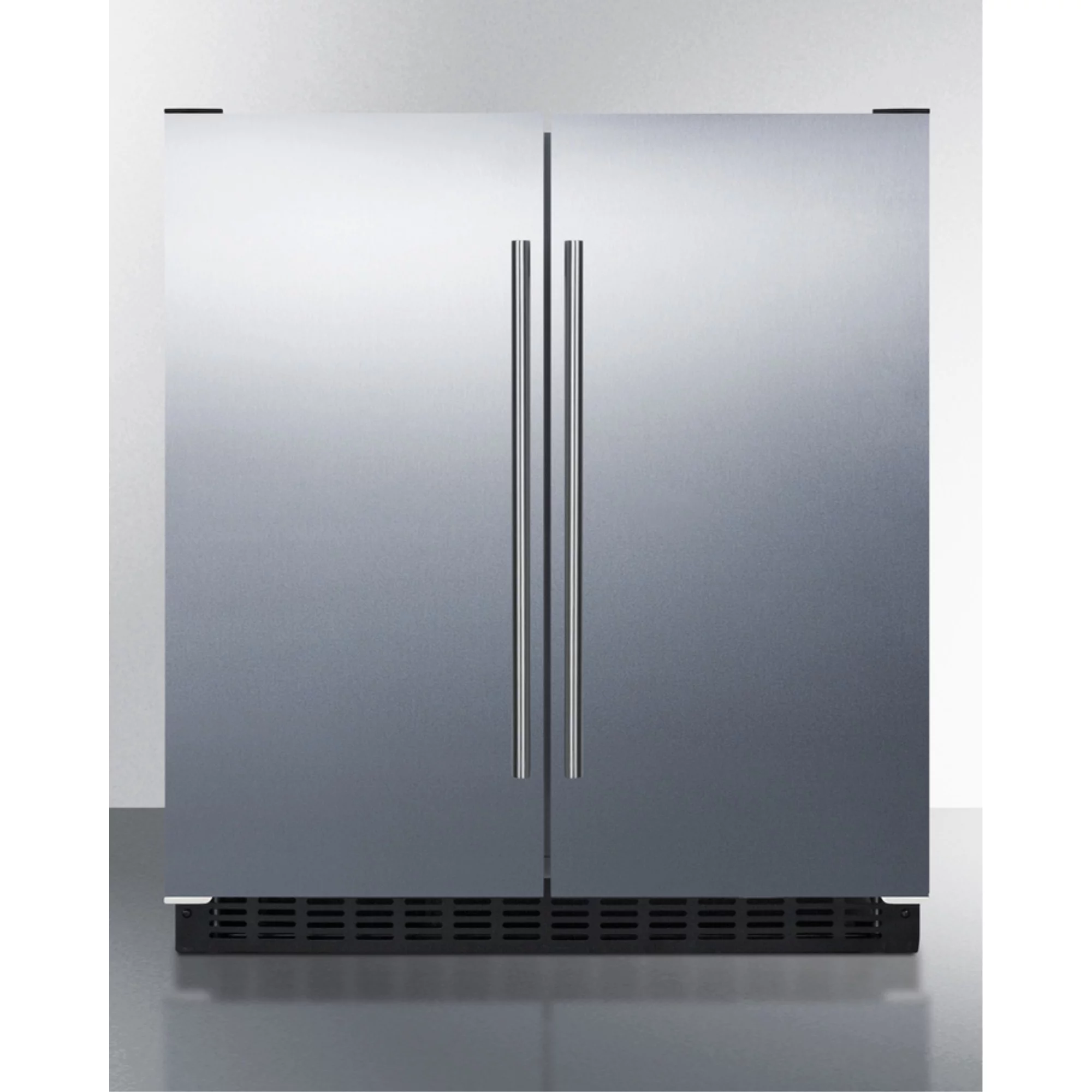 30" wide undercounter frost-free side-by-side refrigerator-freezer in stainless steel with locks, stainless steel handles, and digital controls