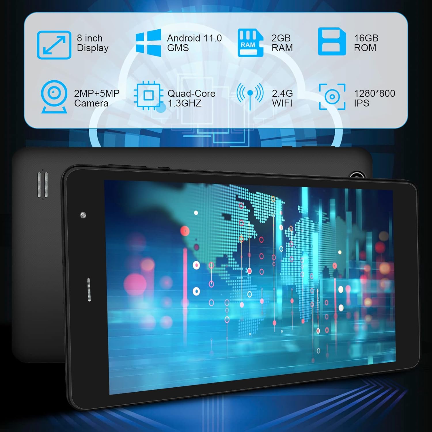Android Tablet 8 inch, Android 11.0 16GB Storage 128GB TF Expansion Tablets, Quad-core A7 Processor 800x1280 IPS HD Touchscreen Dual Camera Tablets, Support WiFi, Bluetooth Pack of 2