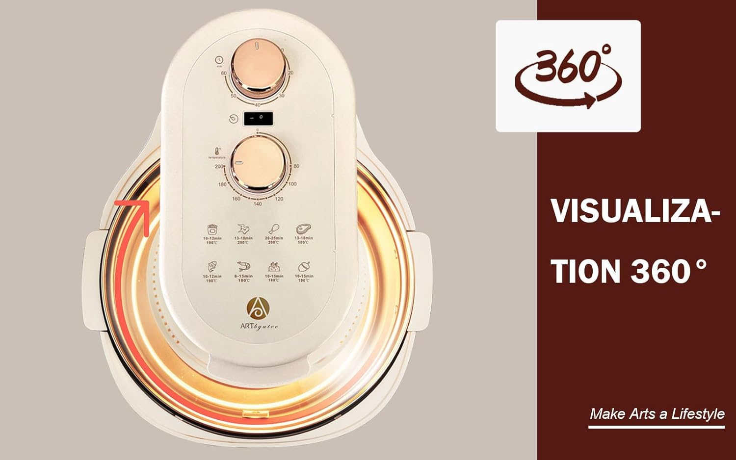 10-in-1 Functions Glass Air Fryer 8 Qt Large Capacity,Explosion-Proof,White Gold and Beige Cream Color,Rotating Grill Basket-Even Heating,Visible Window,Won't Burnt,No Smell