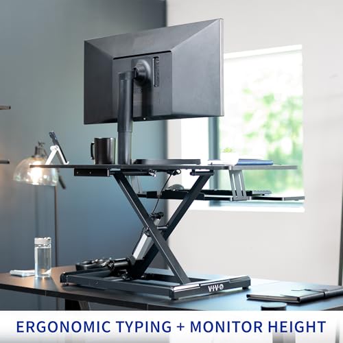 VIVO 42 inch Electric Motor Desk Converter, Height Adjustable Riser, Sit to Stand Dual Monitor and Laptop Workstation with Wide Keyboard Tray, Black, DESK-VE42B