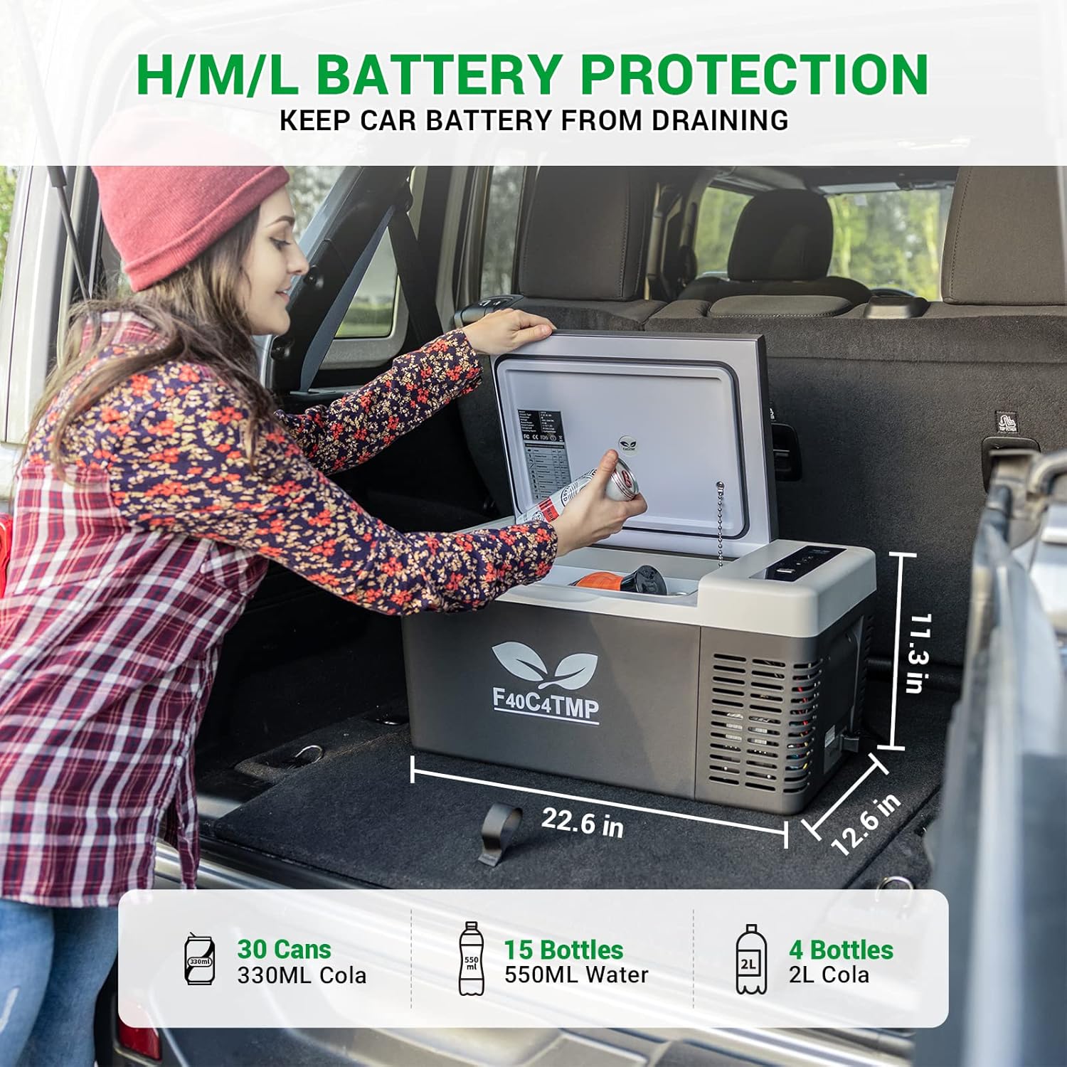 F40C4TMP Portable Refrigerator 20 Quart 12 Volt Freezer (-7.6℉~50℉) 18L Car Fridge With Compressor 110-240V AC For Camping, Truck, RV, Travel, Boat and Home Use