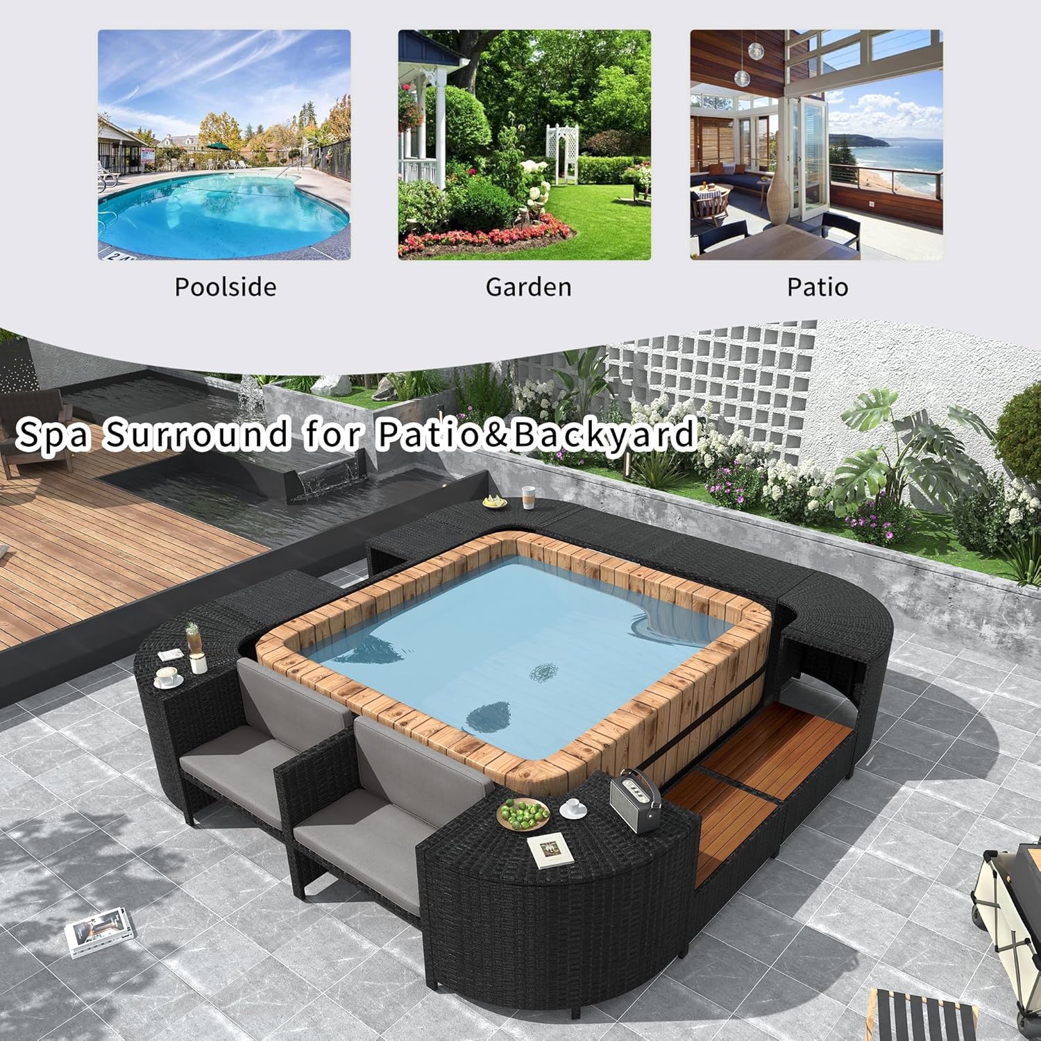 Quadrilateral Outdoor Rattan Sectional Sofa Mini Couch, Patio Conversation Sets with Wooden Seats and Storage Spaces, Spa Surround Frame for Gardern, Poolside, Gray