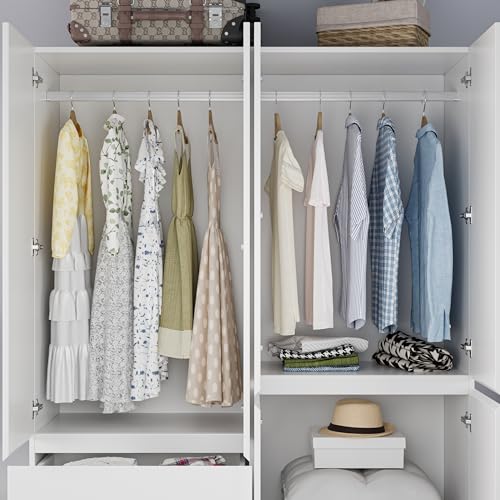 Armoire Wardrobe Closet with Drawers and Doors, 4 Door 2 Drawers White Bedroom Armoires Wooden Wardrobe with Shelves and Hanging Rod, 20.39" D x 63" W x 78.74" H
