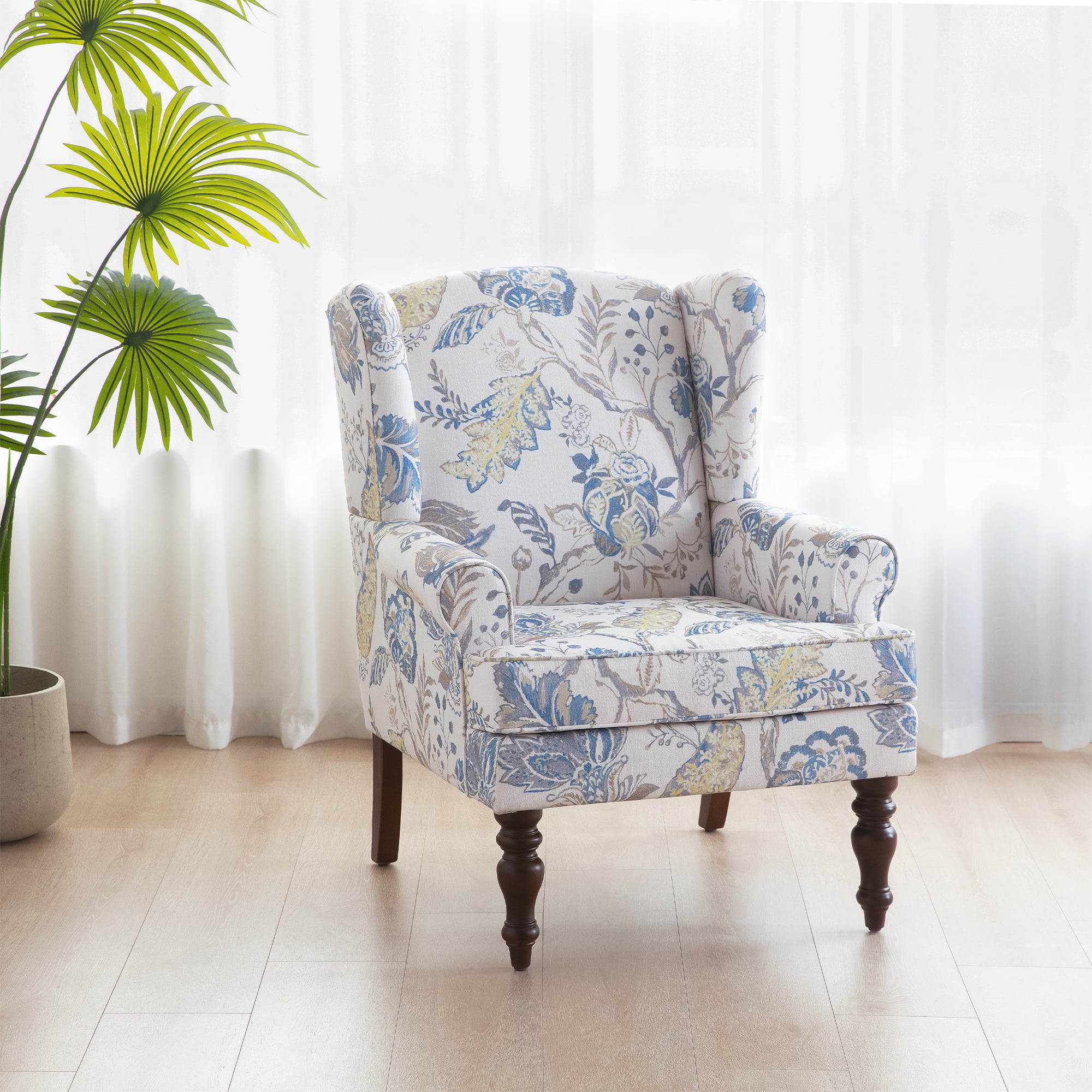 HUIMO Wingback Accent Chair, Upholstered Mid Century Modern Armchair with Solid Wood Legs, Fabric Linen Leisure Single Sofa Chair for Living Room, Bedroom, Comfy Reading Chair, Blue Floral Print