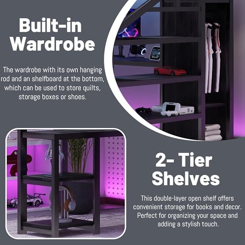 Full Size Loft Bed with Desk and Stairs,Metal Gaming Loft Bed Full with Wardrobe and Shelf, High Loft Bed with LED & USB Charging Station for Teens, Adults, Space Saving Design,Black