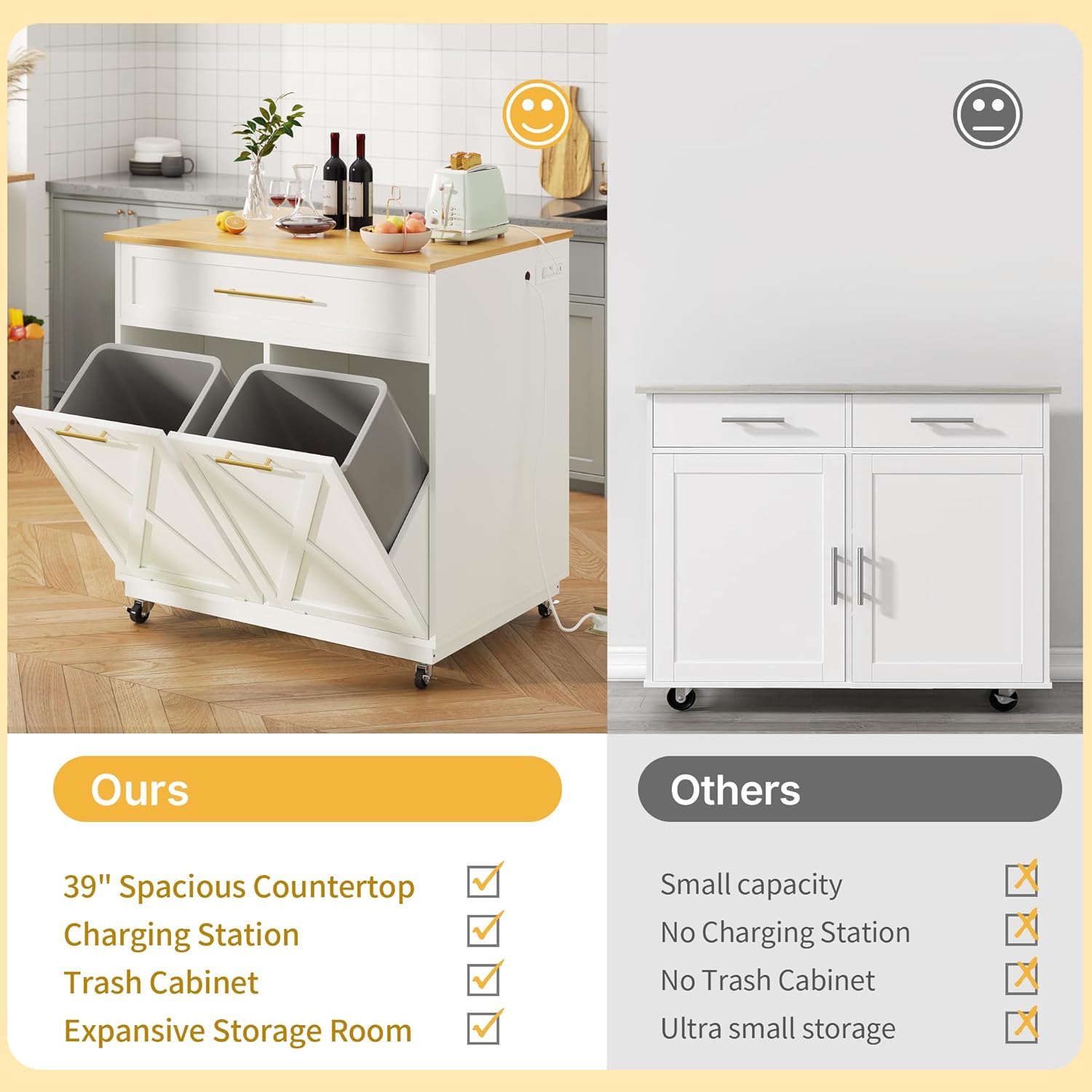 DWVO Square Kitchen Island with Double Tilt Out Trash Can Storage Cabinet, Rolling Portable Islands Table w Power Outlet Wheel Drawer Hidden 10 Gallon Garbage Bin Storage, White Oak