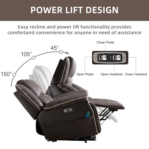 Phoenix Home Dual Motor Power Lift Chair for Elderly, Lift Chairs with Massage and Heat, Leather Electric Chairs for Adults, Recliner Chair with USB, 2 Concealed Cup Holders, Brown