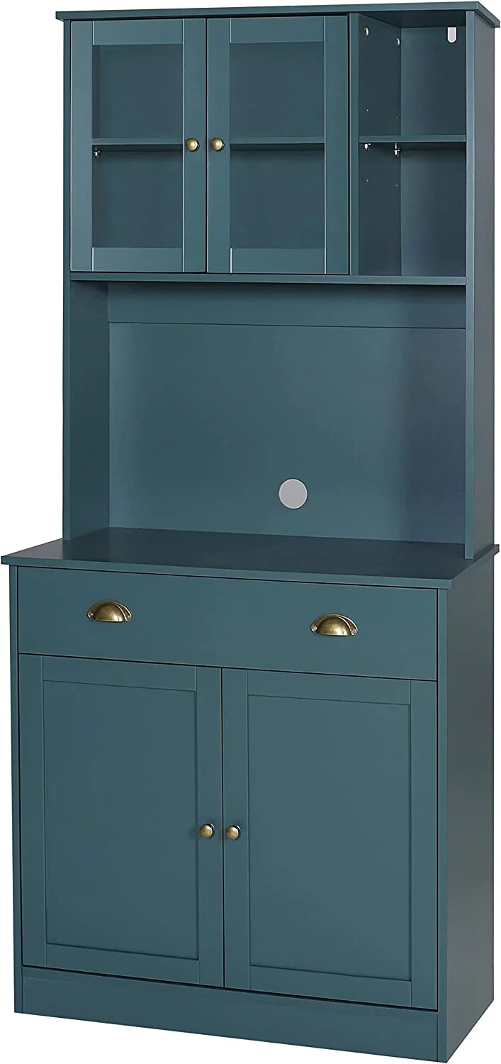 72'' Kitchen Pantry Cabinet Storage Hutch with Microwave Stand, Freestanding Pantry Buffet Cabinet with Adjustable Shelves, Cupboard and Drawer for Home, Blue - Curated Treasures Market
