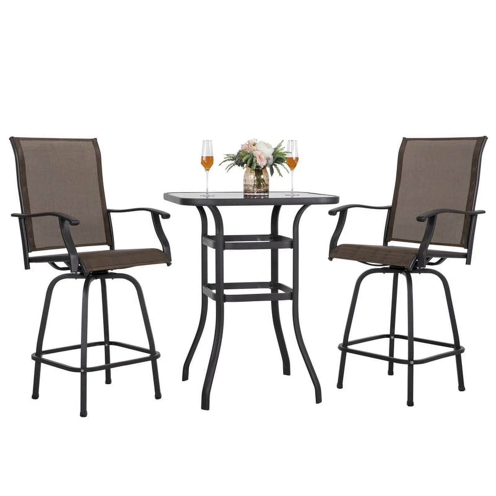Nuu Garden 3pcs Outdoor Bar Set Patio Bar Height Swivel Bar Bistro Sets,Chairs and Table Bistro Set,Brown