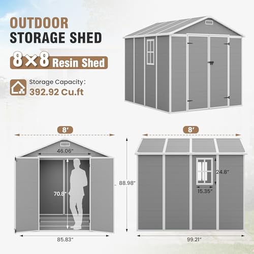 Outdoor Storage Shed, 6x6 FT Resin Shed with Floor and Lockable Door, Window, Vents, Tool Sheds and Outdoor Storage for Bike, Garden Accessories, Tools, Waterproof (Grey & White)
