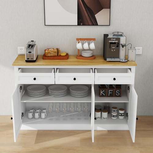 Buffet Cabinet Storage Sideboard Farmhouse Server Bar Wine Cabinet with 3 Drawers & 3 Doors Adjustable Shelves for Dining Living Room White