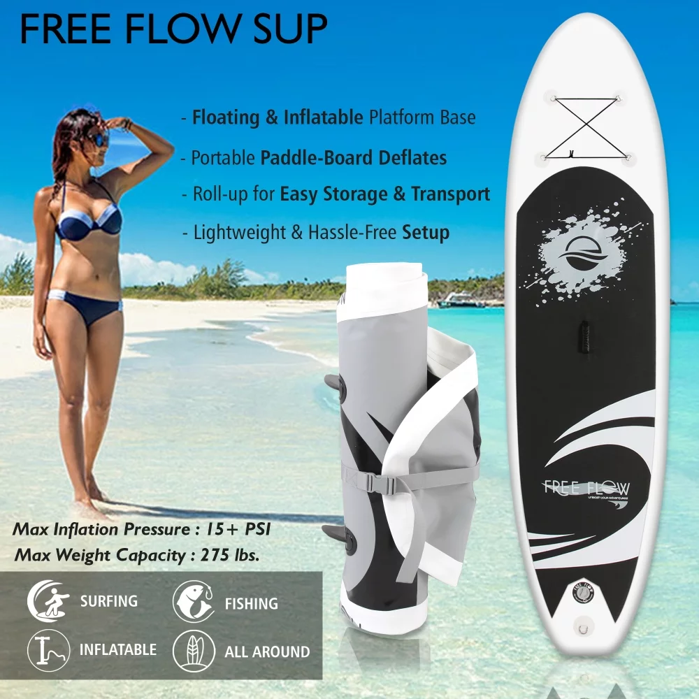 SereneLife 11 Foot Free Flow Inflatable SUP Stand Up Paddle Board Kit, White