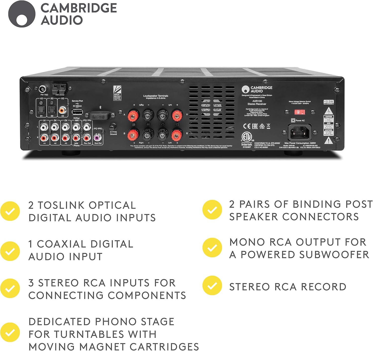 Cambridge Audio AXR100 100-Watt Stereo Receiver with Bluetooth | Built-in Phono Stage, 3.5mm Input, AM/FM with RDS
