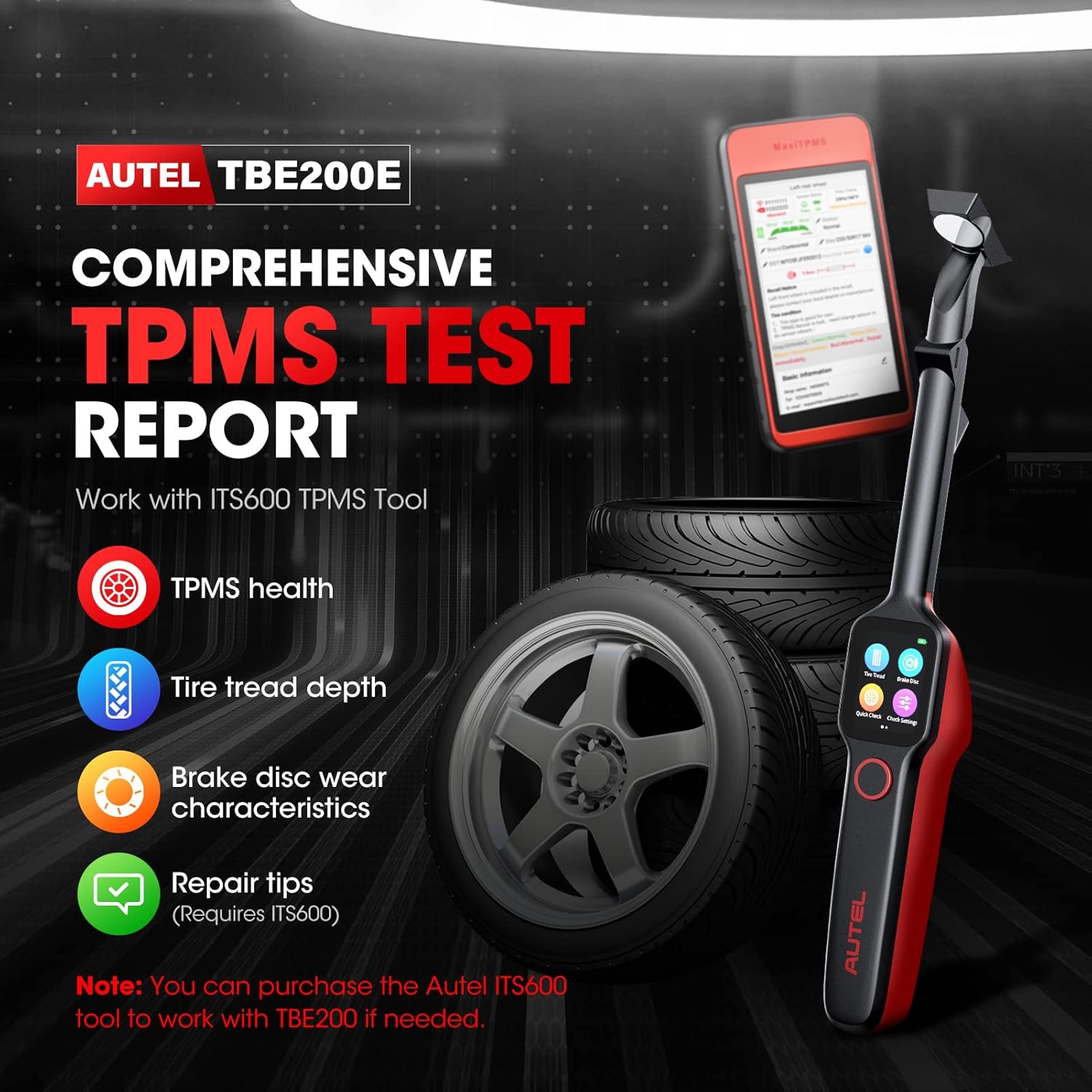 Autel TPMS Scan Tool TBE200E : Tire Tread Depth Scan Tool Brake Disc Wear Scanner with 1.65” AMOLED Touchscreen, Dual Cameras, DOT Scan, Tire Expiration Notice, Covering for 99% of Tires