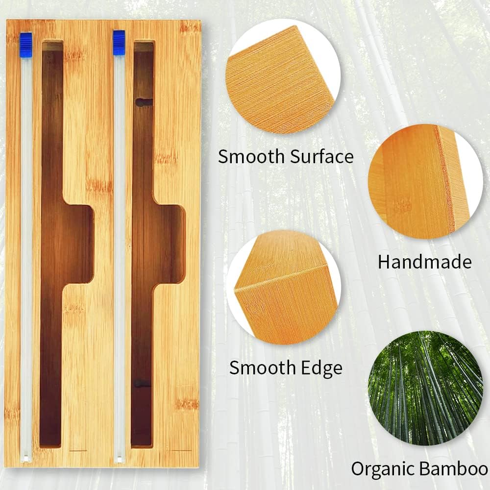 Bamboo Wood Wrap Dispenser with Slide Cutter 2 Slots Cling Cutter Aluminum Foil Organizer Dispenser for Kitchen Drawer, Wall Mount Holder Pack of 2