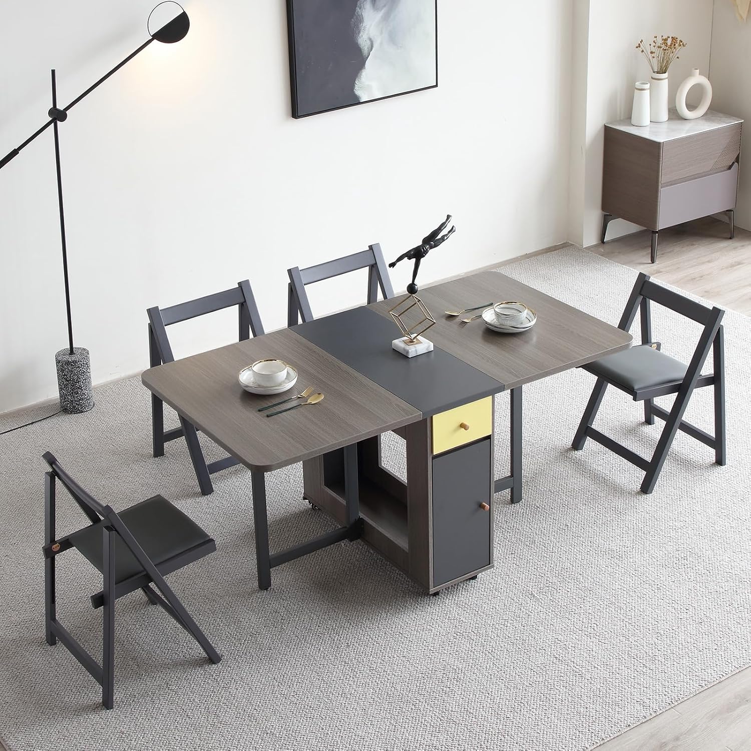 5-Piece Folding Dining Table and Folding Dining Chairs Set, Movable Space Saving Foldable Dining Table and Folding Chairs for Home, Kitchen, Dining Room (Table + 4 Chairs, Grey)