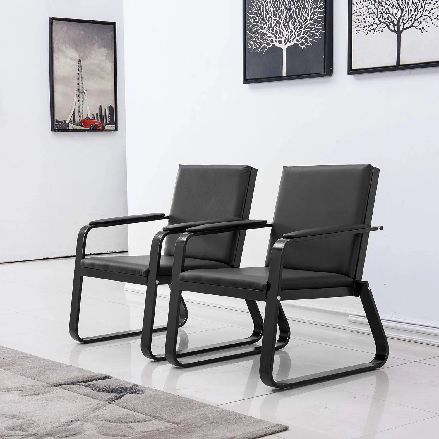 Waiting Room Chair With Armrest Black PU Leather Office Furniture, Office Guest Seating Lobby Conference Reception Chairs For Airport Clinic Hospital Bank Salon Barber