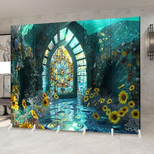 6 Panels Screen Room Divider Vibrant Sunflower Stained Glass White Washed Wall Decor Canvas Screen Indoor Folding Separator Freestanding Protective Wall Divider Privacy Partition