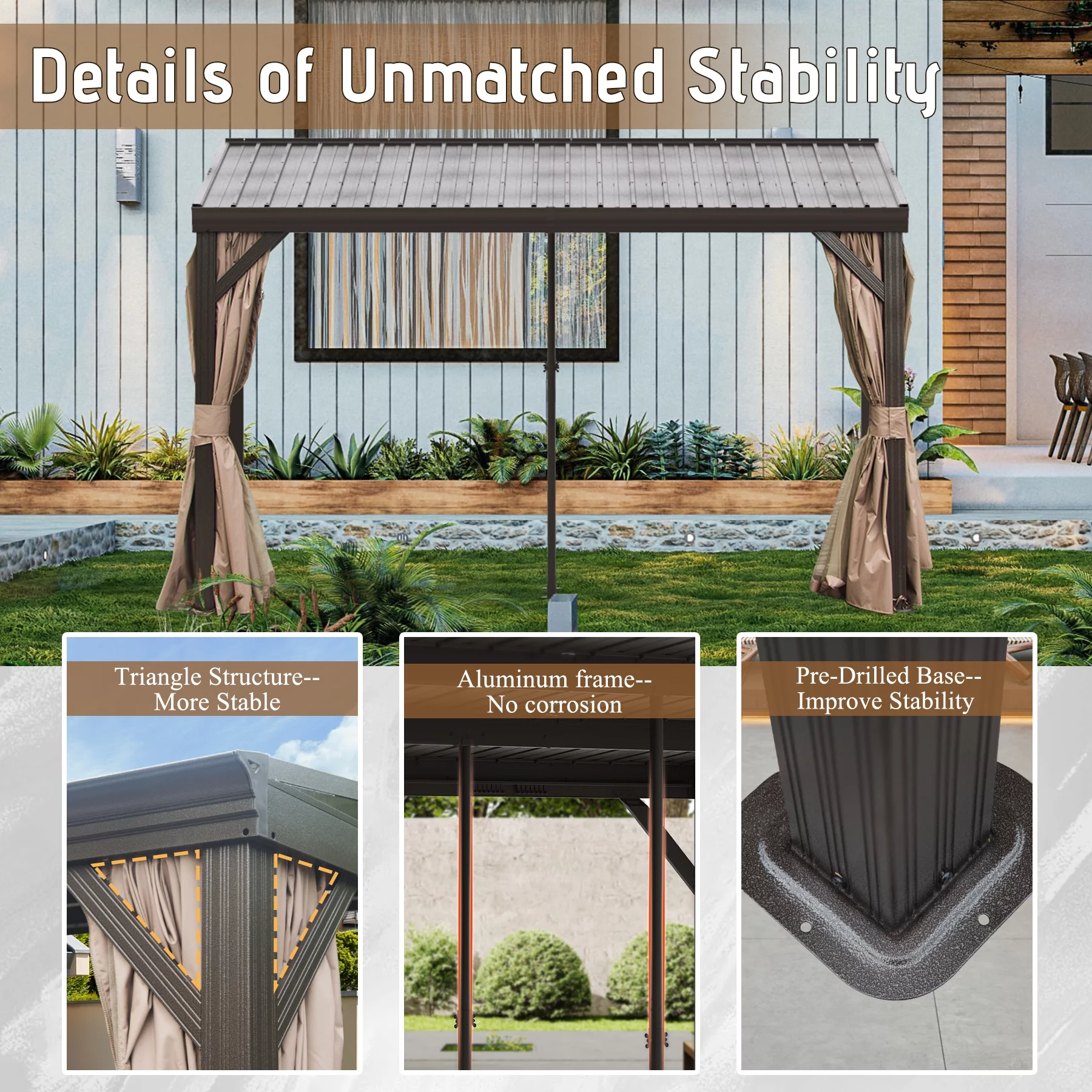 Domi 10x12FT Lean to Gazebo, Hardtop Wall Mounted Gazebo with Sloping Galvanized Steel Roof, Wall Pergola with Aluminum Frame, Curtains and Netting, for Patio, Deck, Garden, Backyard