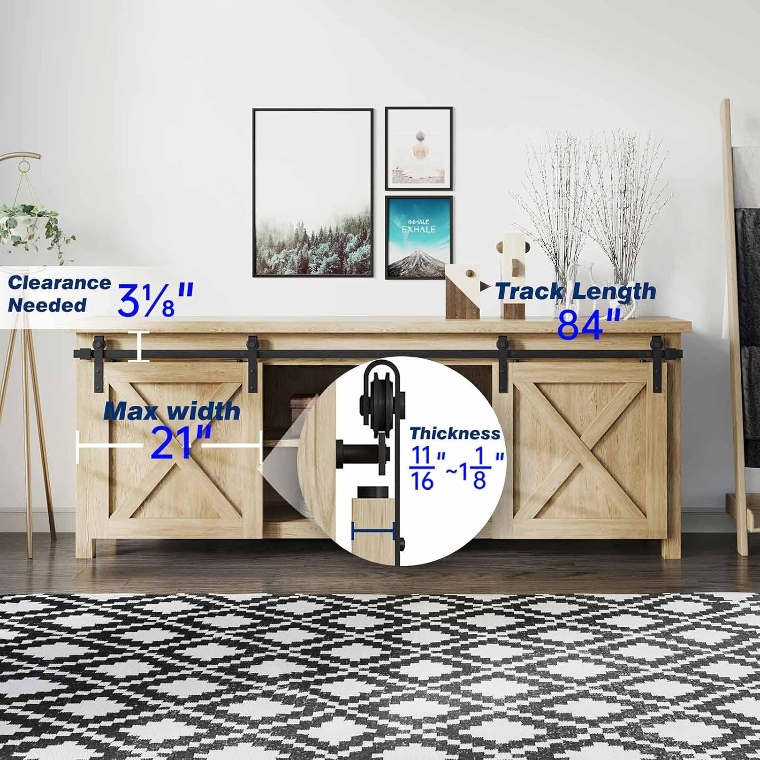 EaseLife 5 FT Cabinet Mini Sliding Double Barn Door Hardware Track Kit,Easy Install,Slide Smoothly Quietly,Apply for Storage Window TV Stand and Other Shielding (No Cabinet)
