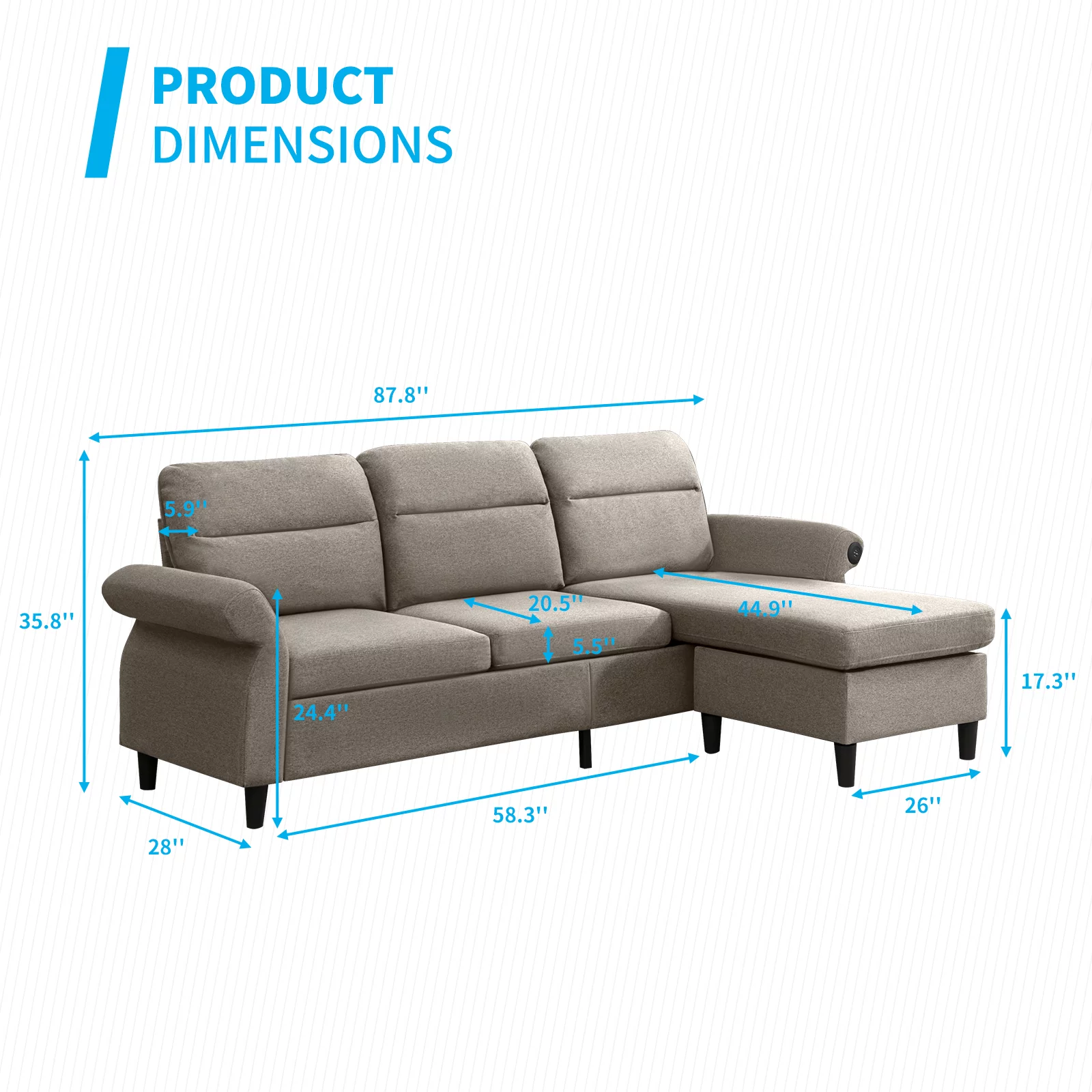MUZZ Convertible Sectional Sofa Couch, 3 Seat L-Shape Sofa Couch with 2 USB Ports and Adjustable Armrest, Small Reversible Sectional Couches with Ottoman for Living Room, Apartment, Beige