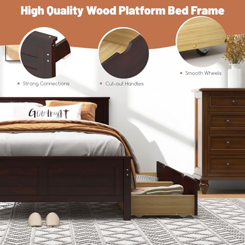 GOFLAME Twin Size Bed Frame with 2 Drawers, Platform Bed with Solid Wood Headboard & Footboard, Wood Slats Support Mattress Foundation, Under Bed Storage, No Box Spring Needed, Easy Assembly, White