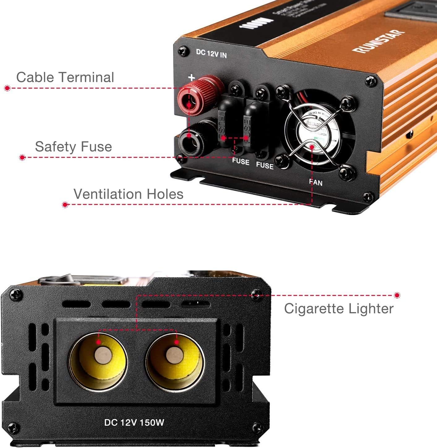 1000W Power Inverter DC 12V to 110V AC Car Inverter with Dual AC Outlets 2.4A USB and Dual 12V Car Cigarette Lighter Modified Wave Inverter Pack of 2