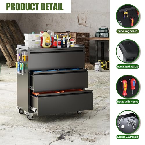 73" H Metal Storage Cabinet with Wheels, Garage Storage Cabinet with 4 Adjustable Shelves and Lockable Doors for Garage Home Office Utility Room,Required Assembly,Black