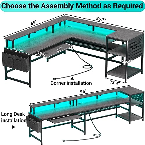 SEDETA L Shaped Gaming Desk, Reversible Computer Desk, Gaming Desk with Power Outlets & LED Strip, Monitor Shelf, Keyboard Tray, Pegboard and Storage Shelves for Home Office, Black